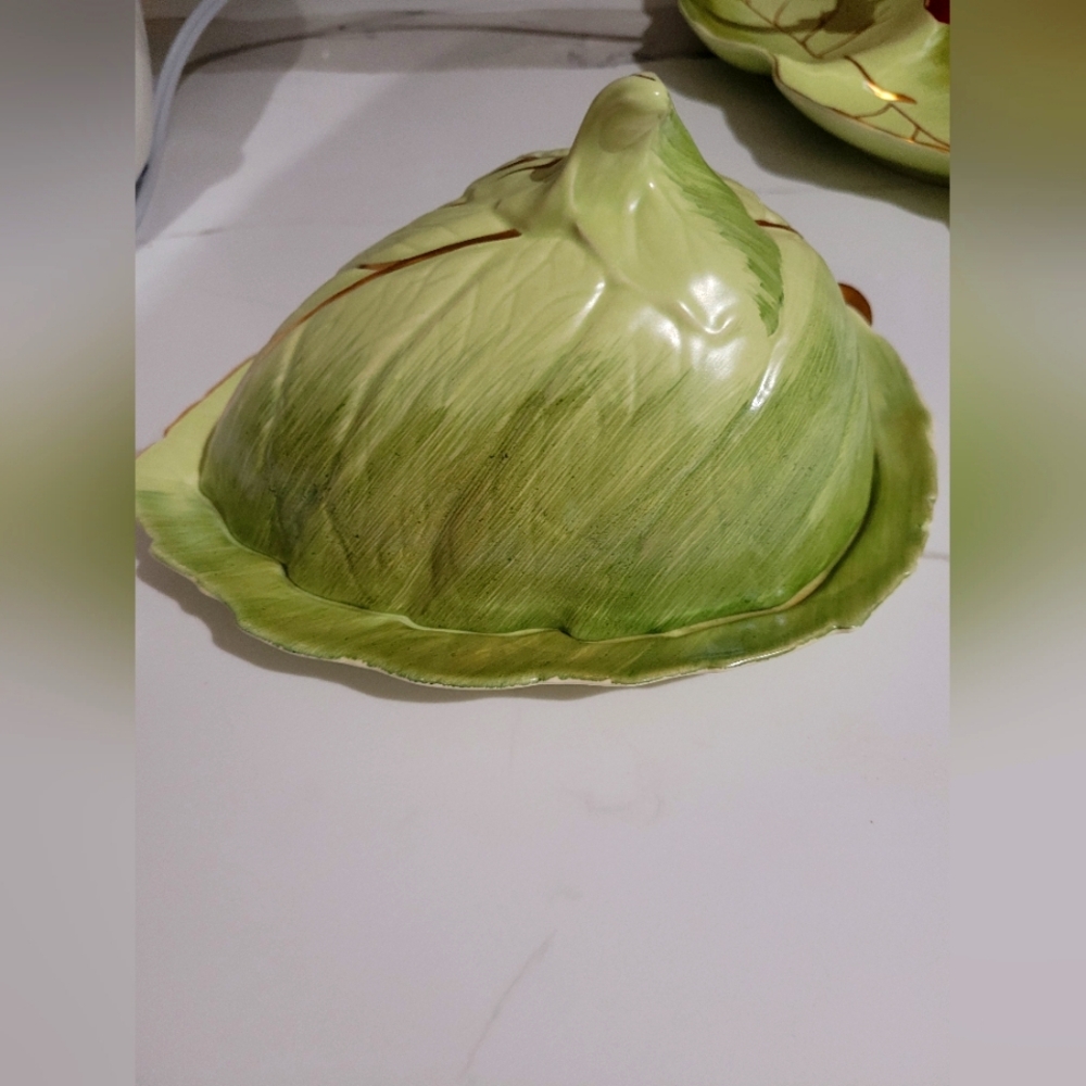 Royal Winton Grimwades Butter Cheese Keeper Leaf Ware Light Green w/Gold